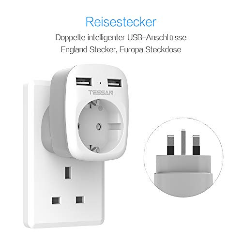 TESSAN Adaptador Enchufe Ingles UK Inglaterra Adaptador de Viaje con 2 USB (2.4A), Español 2 Patas Europa hacia 3 Patas Reino Unido RU para Irlanda Escocia Britanico Maldivas（Tipo G） Blanco