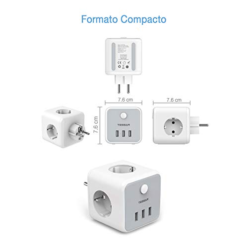 TESSAN Enchufe USB, 6 en 1 Powercube Ladron Enchufes Triple con 3 puertos USB(3A),Cubo Enchufe Multiple Pared con Interruptor, Cargador USB Compatible con iPhone, iPad, Ladron USB para Hogar Oficina