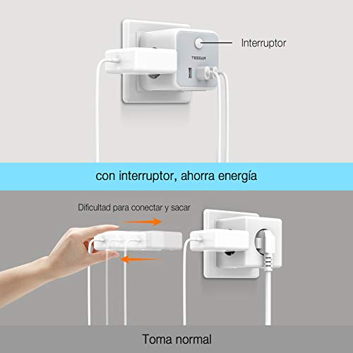 TESSAN Enchufe USB, 6 en 1 Powercube Ladron Enchufes Triple con 3 puertos USB(3A),Cubo Enchufe Multiple Pared con Interruptor, Cargador USB Compatible con iPhone, iPad, Ladron USB para Hogar Oficina