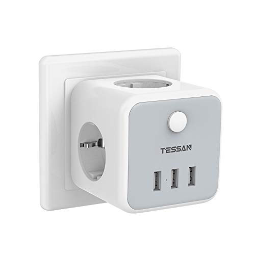 TESSAN Enchufe USB, 6 en 1 Powercube Ladron Enchufes Triple con 3 puertos USB(3A),Cubo Enchufe Multiple Pared con Interruptor, Cargador USB Compatible con iPhone, iPad, Ladron USB para Hogar Oficina