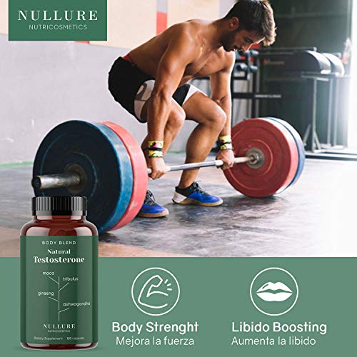 Testosterona Hombre Natural Nullure - Mejora Rendimiento y Potenciador del Deseo Masculino - Maca + Zinc + Ashwagandha + Ginseng + Tribulus Terrestris + Vitamina D + Fenogreco - 120 cápsulas