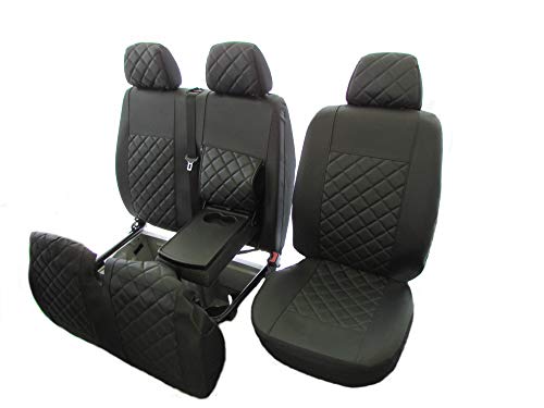 Texmar Designet para Mercedes Sprinter, Crafter 2006-2018 LHD All Black Eco Leather Fundas de asiento 2+1 (1 individual 1 doble)