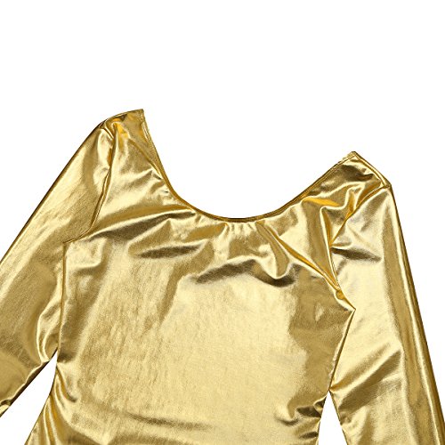 TiaoBug Leotardo Maillot de Danza para Mujer Mono Traje de Charol Brillante Elástica Manga Larga de Ballet Gimnasia Adultas Chicas Dorado Large