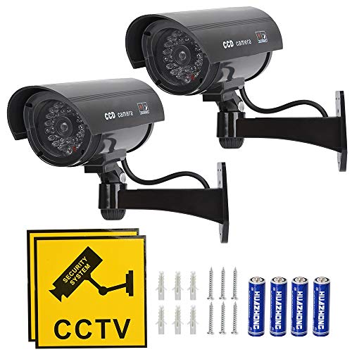 TIMESETL 2Pcs Cámara simulada CCTV Cámara de seguridad simulada con LED rojo parpadeante Cámara de seguridad falsa - Negro