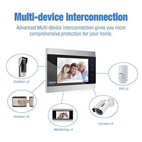 TMEZON Sistema de intercomunicación con Timbre para videoportero, Sistema de Entrada con 7 Pulgadas, 2 monitores y 1 cámara para 1 hogar