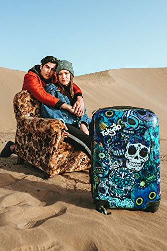 TOKYOTO - Maleta de Cabina Equipaje de Mano, Blue Skulls con Cargador USB, 8000mAh, 55x40x20 cm | Maleta Juvenil, Trolley de Viaje Ryanair, Easyjet | Maleta de Viaje Rígida Divertida Azul, Calaveras