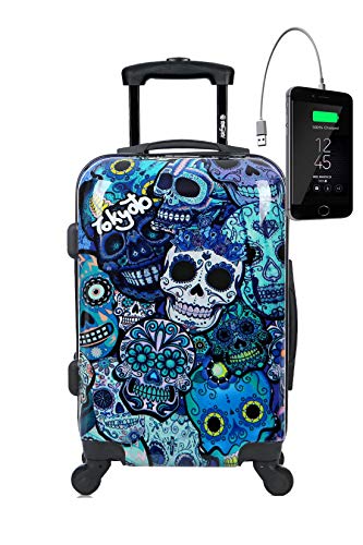 TOKYOTO - Maleta de Cabina Equipaje de Mano, Blue Skulls con Cargador USB, 8000mAh, 55x40x20 cm | Maleta Juvenil, Trolley de Viaje Ryanair, Easyjet | Maleta de Viaje Rígida Divertida Azul, Calaveras