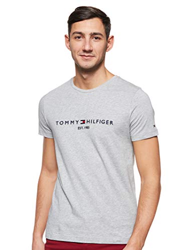 Tommy Hilfiger Logo T-Shirt Camiseta Informal, Gris (Cloud Htr 501), Large para Hombre