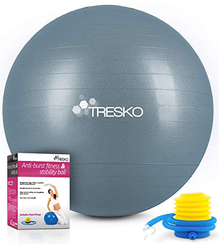 TRESKO® Pelota de Gimnasia Anti-Reventones | Bola de Yoga Pilates y Ejercicio | Balón para Sentarse | Balon de Ejercicio para Fitness | 300 kg | con Bomba de Aire (Cool Grey Blue, 55cm)