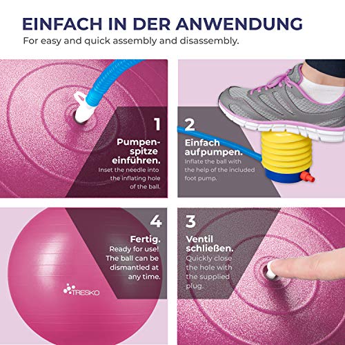 TRESKO® Pelota de Gimnasia Anti-Reventones | Bola de Yoga Pilates y Ejercicio | Balón para Sentarse | Balon de Ejercicio para Fitness | 300 kg | con Bomba de Aire | Rosa | 65cm