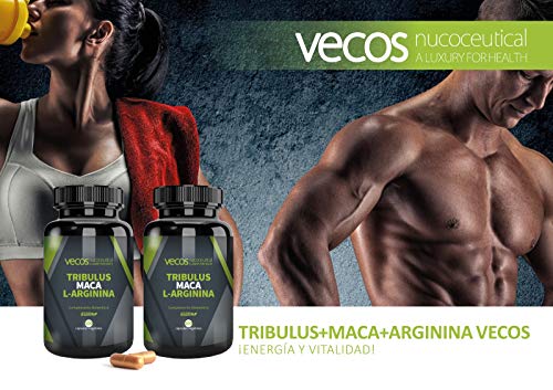 Tribulus Terrestris Vecos con Maca y L-Arginina – Aumento de masa muscular y testosterona - 100 cápsulas vegetales – 100% Apto Veganos