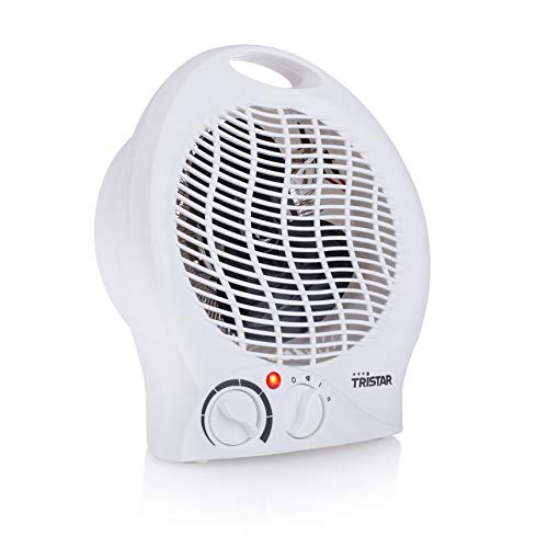 Tristar KA-5039 Calefactor con ventilador eléctrico y 3 funciones ajustables, Termostato regulable, 2000 W, Asa integrada, Blanco