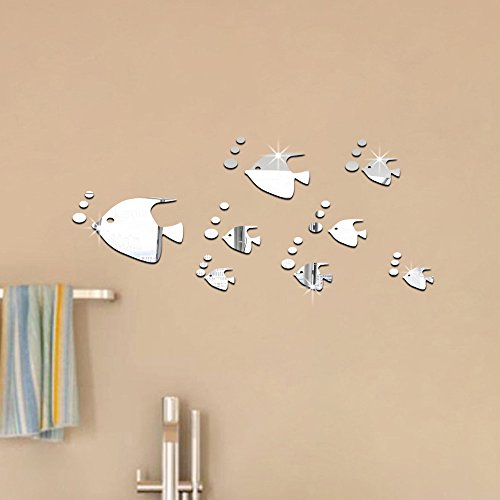 ufengke® 8 Piezas 3D Peces Tropicales Efecto de Espejo Pegatinas de Pared Diseño de Moda Etiquetas del Arte Decoración del Hogar Plata