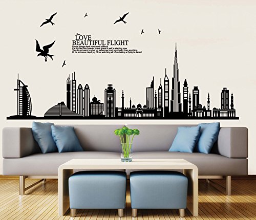 ufengke® - Adhesivo negro para pared con silueta de ciudad, paisaje urbano, rascacielos para decoración mural de dormitorio, sala de estar, extraíbles