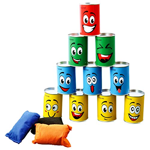 ULIFEME Juego Jardin, Juego de Puntería para Niños, 10pcs Sonreír Metal Tirar Latas y 3pcs Bolsas de Frijol, Callejón de Lata Juguetes para Exterior y Casa, Cumpleaños y Fiesta - Niño Gran Regalo