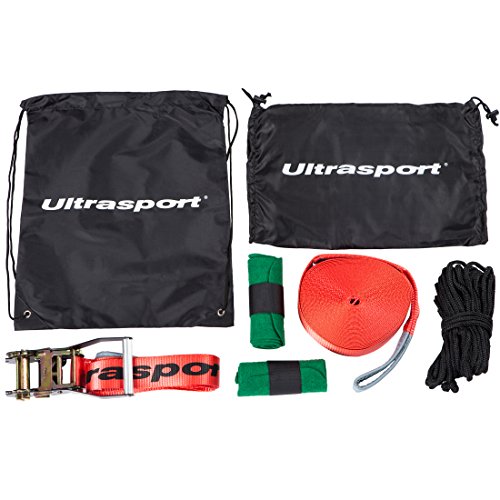 Ultrasport Slackline con tensor de carraca y bolsa de transporte, para principiantes, niños y familias, en dos tamaños, disponible con o sin protector para árboles, set de slackline, slackline fitness