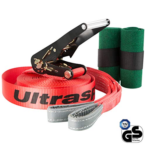 Ultrasport Slackline con tensor de carraca y bolsa de transporte, para principiantes, niños y familias, en dos tamaños, disponible con o sin protector para árboles, set de slackline, slackline fitness