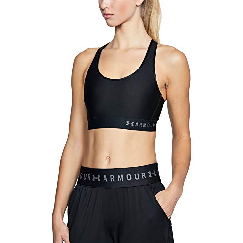 Under Armour Mid Keyhole Sujetador para Mujer Deportivo, Ropa de Mujer Deportiva de compresión, cómodo Sujetador de sujeción de Secado rápido, Black/Black/Metallic Silver (001), MD