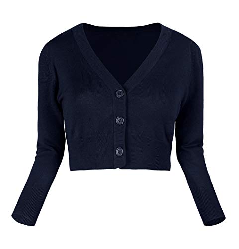 Urban GoCo Mujeres Chaqueta Corta Punto de Manga 3/4 Rebecas Escote en V Bolero Cárdigan (XL, Azul Marino)