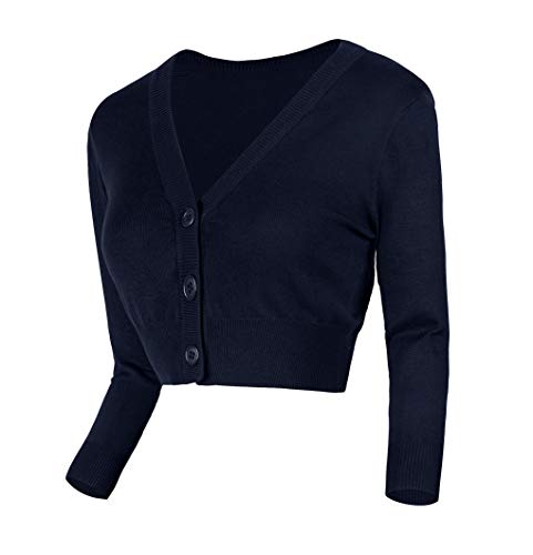 Urban GoCo Mujeres Chaqueta Corta Punto de Manga 3/4 Rebecas Escote en V Bolero Cárdigan (XL, Azul Marino)