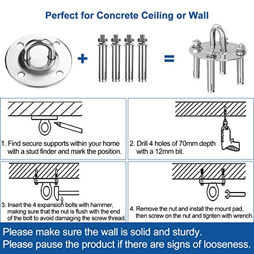 VDSOW Ganchos de Techo, Anclaje para Pared con Mosquetón y Tornillos y para Entrenamiento de Suspensión, 500 KG Acero Inoxidable Gancho Techo para Colgar Hamaca Columpio, Sillon Colgante y Saco Boxeo