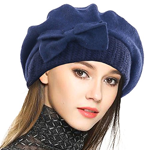 VECRY Mujer Boina 100% Lana Vestido Beanie Invierno Sombrero (Armada)