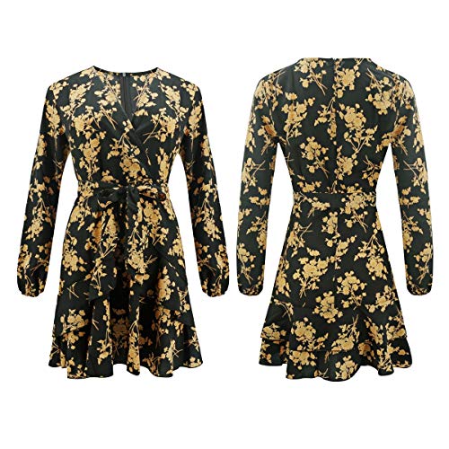 Vestidos de Mujer Vestido Floral con Volantes Casual Vestido Cruzado Manga Larga Columpio Plisado Vestido Mini Patinador (Color : Yellow, Size : M)