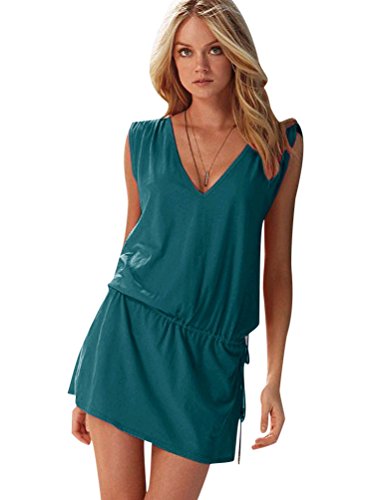 Vestidos de Verano Cortos Vestidos Playeros Sin Mangas Cuello en V Vestido Playa Sueltos Vestidos Playero Corto Diarios Mini Casuales Anchos Sencillos Fiesta Informales Elegantes Azul Eléctrico