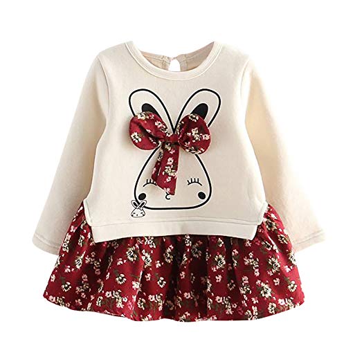 Vestidos Niña Invierno otoño Fossen 2-6 años Niñas Floral Tutu Vestido Sudadera de Conejo de Dibujos Animados de Manga Larga (5 años, Rojo)