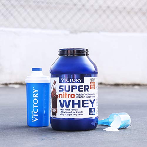 Victory Super Nitro Whey Chocolate-Praliné (1 kg). Concentrado y aislado de suero. fuente proteica rica en BCAAs. Recuperación muscular. Con L-Glutamina, Vitamina B6 y Calcio.