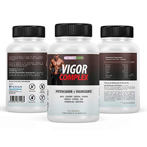 VIGOR COMPLEX | El Más Potente Booster de Testosterona | Potencia, Vigoriza y Aumenta la Resistencia Muscular | Mejora tus Entrenamientos | Acción Afrodisíaca en Hombres y Mujeres | 90 Cápsulas