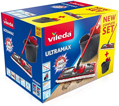 Vileda Ultramax - Set de limpieza, mopa de microfibras 2en1 para fregar y cubo con escurridor, cubo y mopa con palo telescópico para todo tipo de superficies