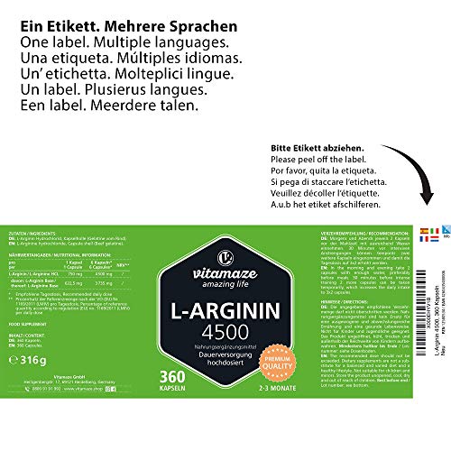 Vitamaze® L-Arginina 4500 mg Altamente Concentrada, 360 Cápsulas para 3 Meses, Adecuado para las Personas Alérgicas, Pura Natural L-Arginine HCL sin Aditivos Innecesarios, Calidad Alemana