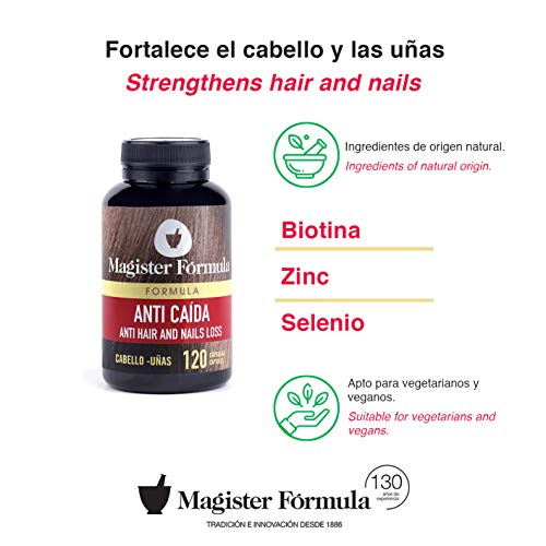 Vitaminas para Cabello, Piel y Uñas | Anticaida | Biotina, Zinc y Selenio | Fortalece el Pelo y su Crecimiento | Suplemento de 120 Cápsulas | Para Hombre y Mujer | Magister Formula