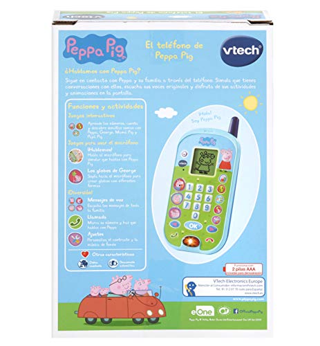 VTech - El teléfono de Peppa Pig, Móvil electrónico interactivo que simula una conversación telefónica, Voces de todos los personajes de la familia, actividades y animaciones (3480-523122)