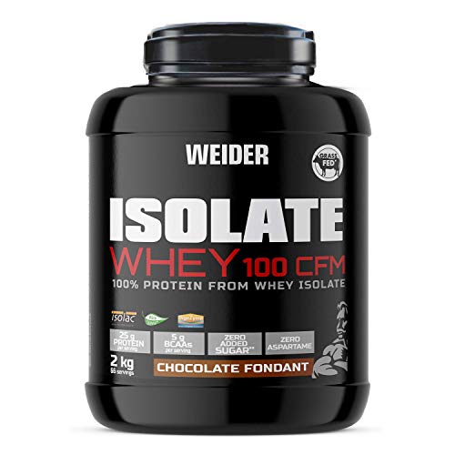 Weider Isolate Whey 100CFM 2000 gr Chocolate. 100% aislado de proteina de suero. Cero azúcar, cero aspartamo, con stevia, con dygezime, con BCAA, apto para veganos. Isolac. Para dietas keto.