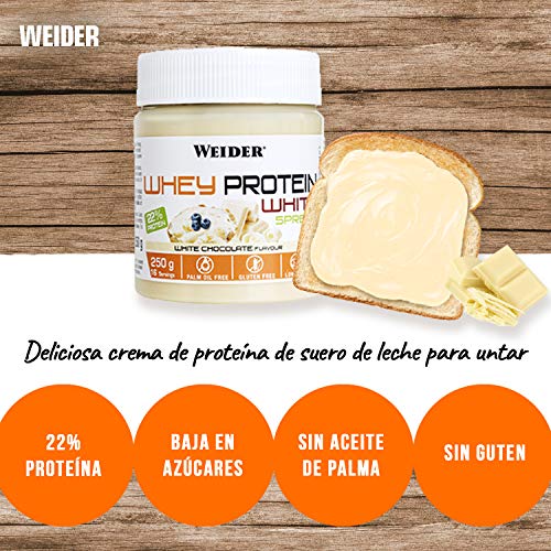 Weider Whey Protein White Spread 250 g. Crema de chocolate Blanco con 22% de proteínas Baja en azúcares Sin aceite de palma y sin gluten.