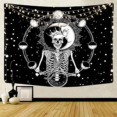 WERT Tapiz de Calavera Mandala Tapiz Luna Sol Blanco Tapiz Negro Tapiz Hippie Decoración de Dormitorio Tapiz psicodélico A11 180x200cm