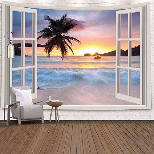 WERT Tapiz de Ventana Vista Plantas Verdes Flor de mar 3D Manta para Colgar en la Pared Colcha Toalla de Yoga Decoración de la Pared de la Playa Tapiz A22 150x200cm