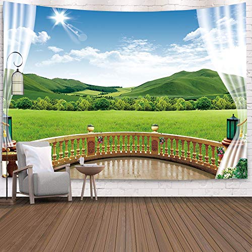 WERT Tapiz de Ventana Vista Plantas Verdes Flor de mar 3D Manta para Colgar en la Pared Colcha Toalla de Yoga Decoración de la Pared de la Playa Tapiz A22 150x200cm