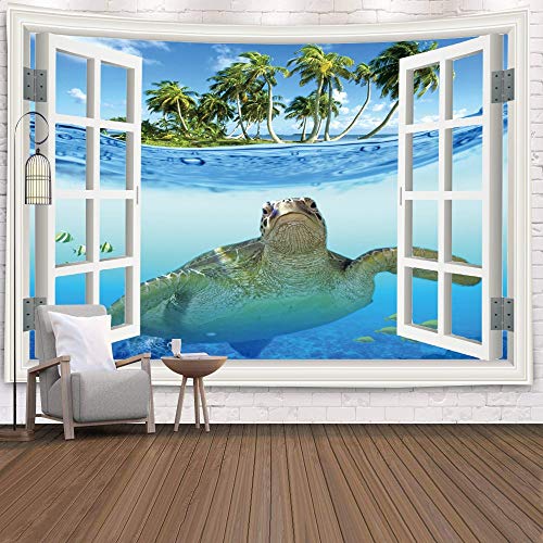 WERT Tapiz de Ventana Vista Plantas Verdes Flor de mar 3D Manta para Colgar en la Pared Colcha Toalla de Yoga Decoración de la Pared de la Playa Tapiz A22 150x200cm