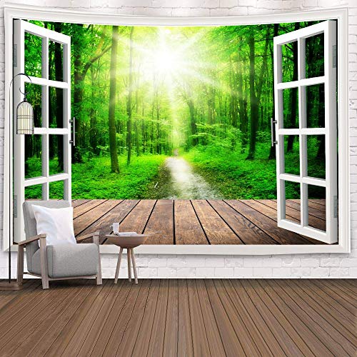 WERT Tapiz de Ventana Vista Plantas Verdes Flor de mar 3D Manta para Colgar en la Pared Colcha Toalla de Yoga Decoración de la Pared de la Playa Tapiz A22 150x200cm