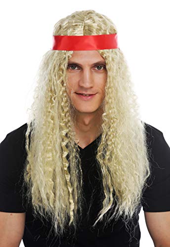 WIG ME UP- 31912-FR61 Peluca Carnaval Halloween Mujeres Hombres Cabello Largo Raya en Medio Cinta de Cabeza Hippie los 60 rizos crespos rubios