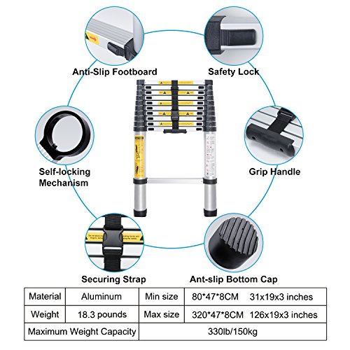 WolfWise 3,2M Escalera telescópica, Extensión telescópica de aluminio Escalera multifunción, extensible, Carga Máxima 150 kg