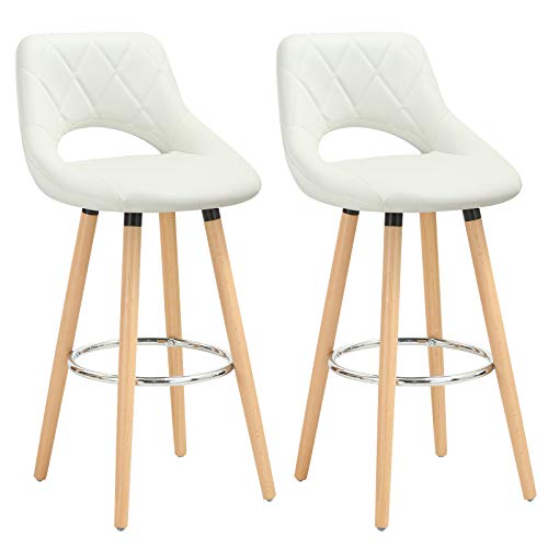 WOLTU 2X Taburetes de Bar con Respaldo Sillas de Cocina Juego de 2 Taburetes Altos Cocina Marco de Madera Maciza Imitación de Cuero Silla de Diseño Madera Blanco BH111ws-2