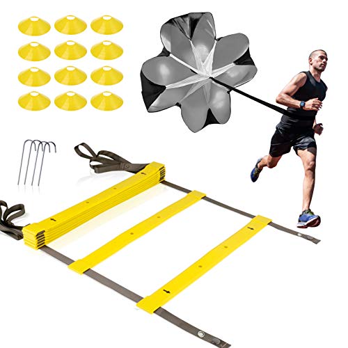 XGEAR Set de 1 Escalera de Velocidad y Agilidad, 1 Paracaídas de Correr, 12 Conos de Deporte, 4 Clavos Largos y 1 Mochila para Deportista, Atleta y Futbolista