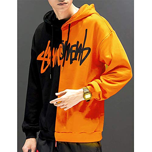 XIAOYAO Hombre Sudadera con Capucha Deportiva Manga Larga Hoodie Casual Camisa de Entrenamiento (XXXL, Naranja Negro 2)