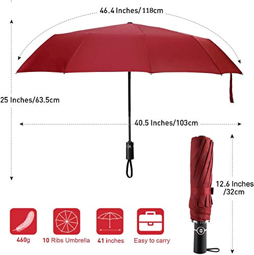 YumSur Paraguas Compacto de, Paraguas Plegable de Viaje A Prueba de Viento Automático con Cierre automático Abierto, Deslizante Manija recubierta de Goma Ligero Portátil Reforzado 10 Costillas borgoña