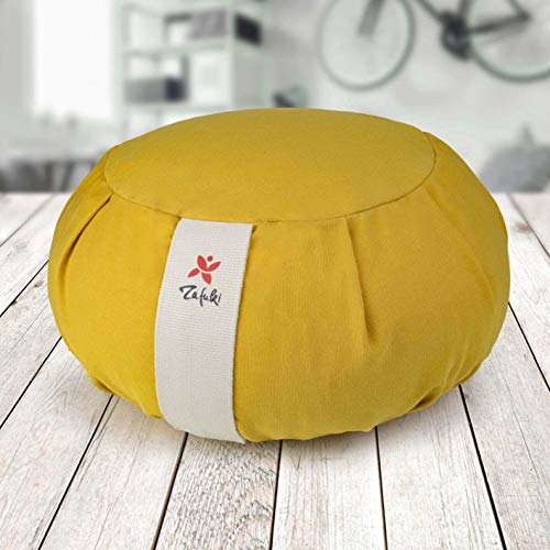 ZAFUKI Cojín Zafu Meditación Yoga Zen Maindfulness - Amarillo - Desenfundable Sistema cordón - Cubierta algodón 100% - Relleno cáscara espelta