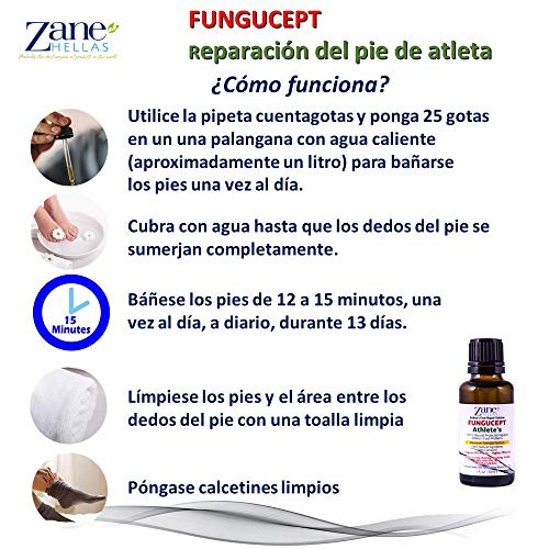 Zane Hellas FunguCept Solución de reparación para Atletas. Alivia la picazón, el Ardor, Las Grietas y Las Escamas. Detener el Mal Olor. Resultados visibles en 5 días. 1 Onza líquida - 30 ml.